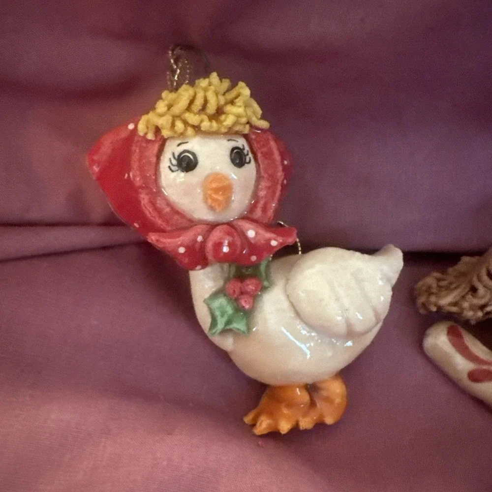 4 Vtg Salt Dough Polymer Christmas Ornaments Santa Goose Unicorn Rocking Horse